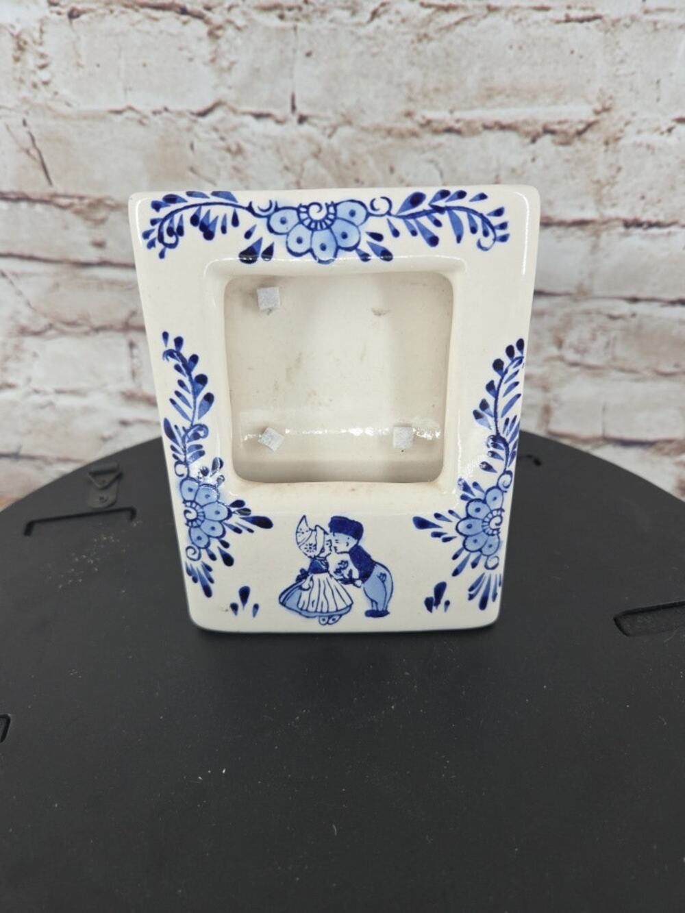Vintage Delft Blue & White Hand Painted Floral Ceramic Pottery Picture Frame